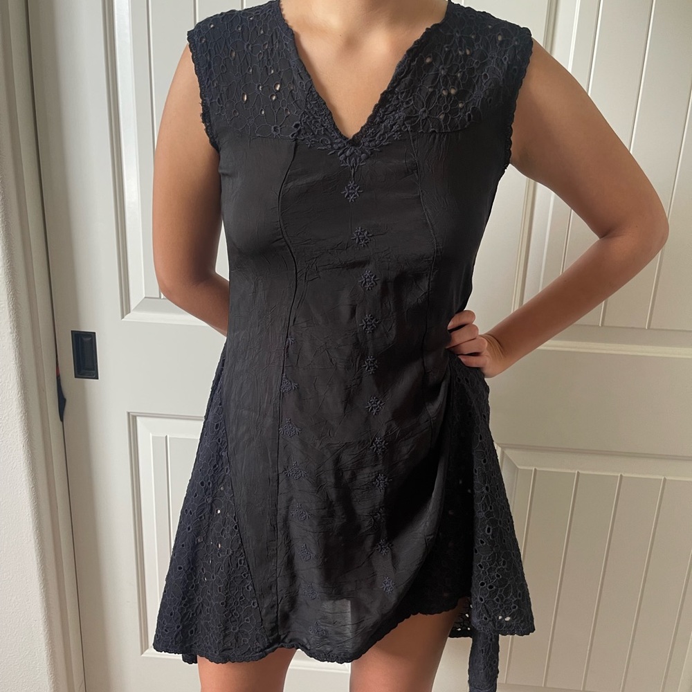 Johnny Was Sheer Black and Navy Embroidered Eyelet Hi Low Dress